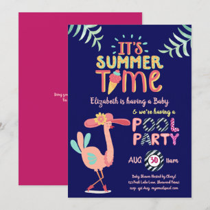 Invitación Flamingo Tropical Fiesta PISCINA Azul Rosa Diversi