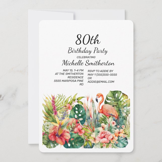 Invitación Flamingo tropical floral 80 cumpleaños (Anverso)