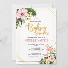 Invitación Flamingo Tropical Floral Gold Baby Shower