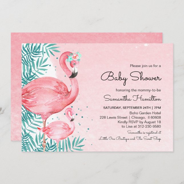 Invitación Flamingo & Tropical Leaves Watercolor Baby Shower (Anverso / Reverso)