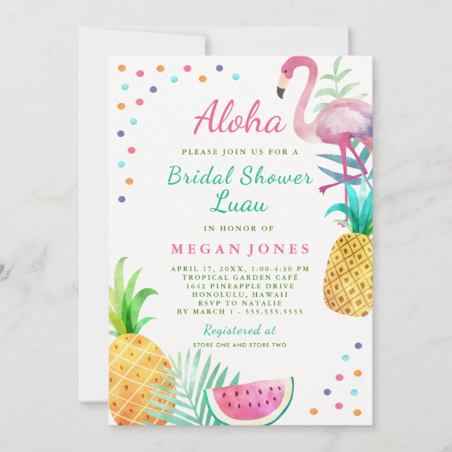 Invitación Flamingo Tropical Pineapple Bridal Shower Luau (Anverso)