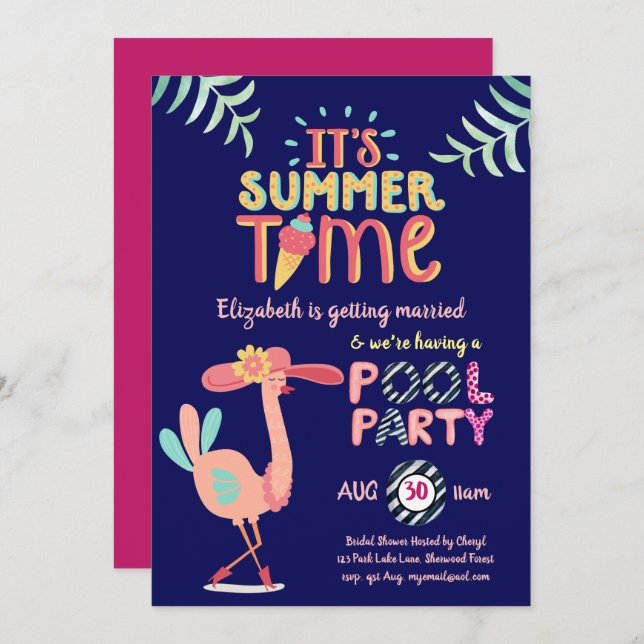 Invitación Flamingo tropical PISCINA FIESTA moderno divertido (Anverso / Reverso)
