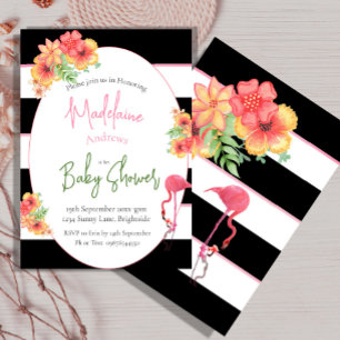 Invitación Flamingo Tropical Rosa Black Stripe Baby Shower