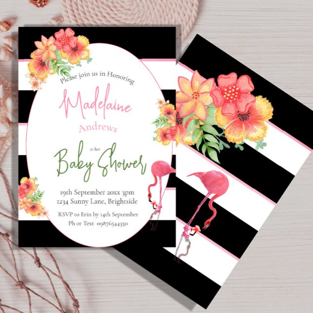 Invitación Flamingo Tropical Rosa Black Stripe Baby Shower (Subido por el creador)