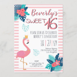Invitación Flamingo tropical rosa y azul floral 16