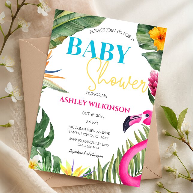 Invitación Flamingo Tropical Summer Floral Baby Shower (Tropical Flamingo Summer Floral Baby Shower Invitation)