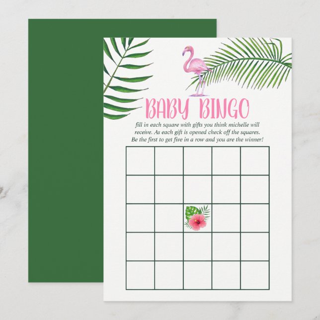 Invitación Flamingo Tropical Watercolor Baby Shower Bingo (Anverso / Reverso)