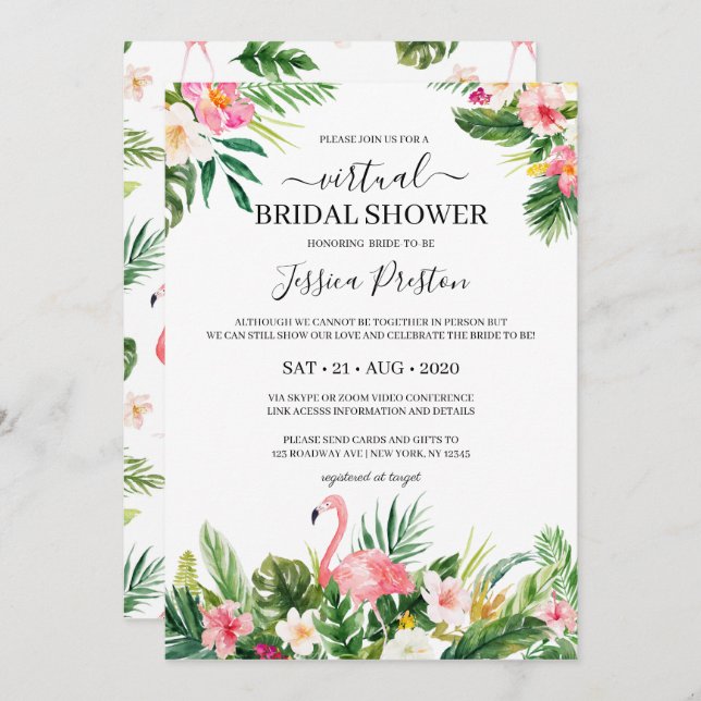 Invitación Flamingo tropical y ducha de novias virtual floral (Anverso / Reverso)