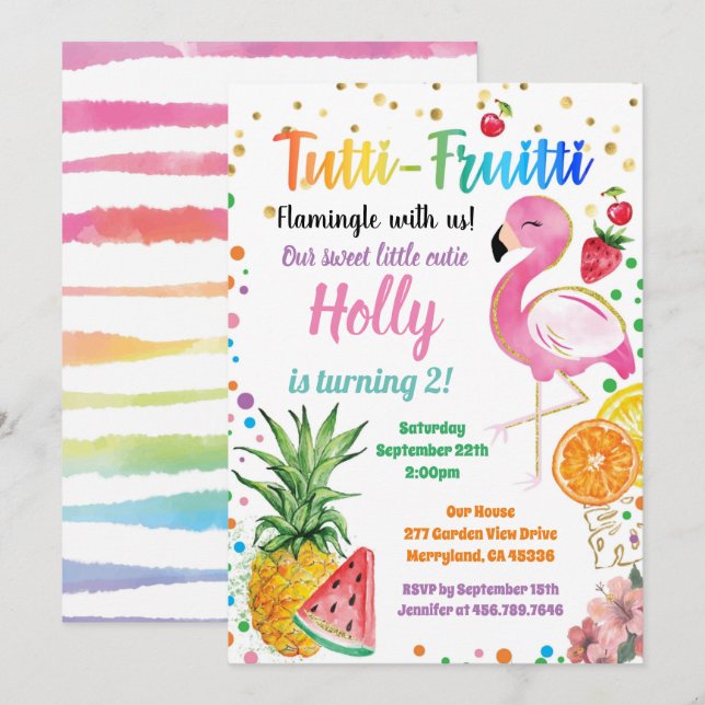 Invitación Flamingo Tutti Fruitti Chica Fiesta de segundo cum (Anverso / Reverso)