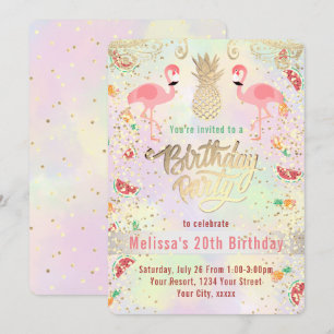 Invitación flamingo verano tropical cumpleaños