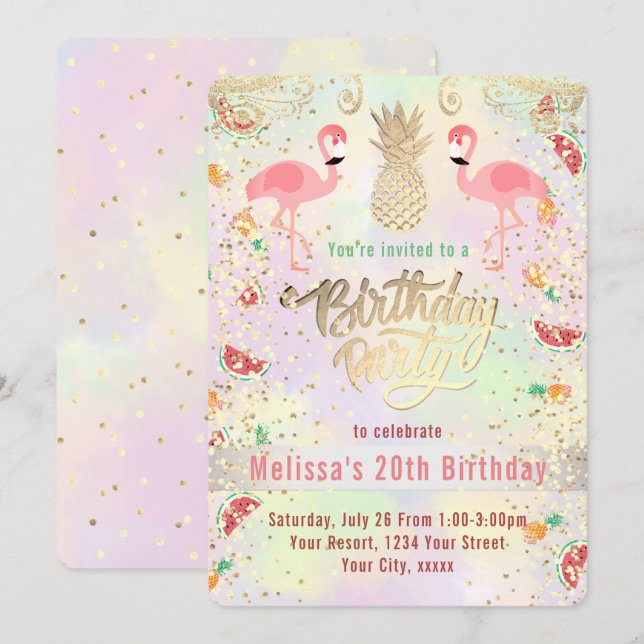 Invitación flamingo verano tropical cumpleaños (Anverso / Reverso)