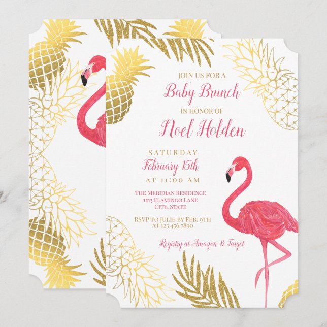 Invitación Flamingo y Gold Pineapple Baby Brunch (Anverso / Reverso)