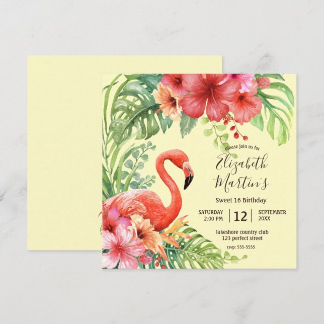 Invitación Flamingos de acuarela tropical e Hibiscus Cumpleañ (Anverso / Reverso)