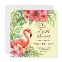 Flamingos de acuarela tropical e Hibiscus Cumpleañ