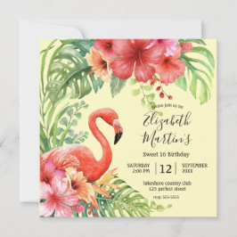 Invitación Flamingos de acuarela tropical e Hibiscus Cumpleañ