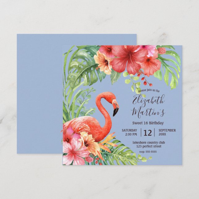 Invitación Flamingos de acuarela tropical e Hibiscus Cumpleañ (Anverso / Reverso)