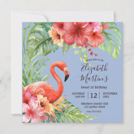 Invitación Flamingos de acuarela tropical e Hibiscus Cumpleañ