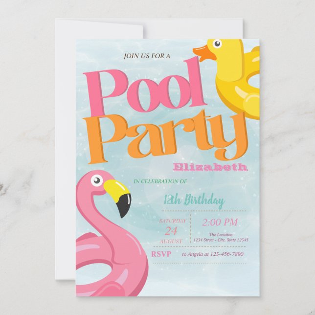Invitación Flamingos de Piscina Genial Fiesta de Cumpleaños d (Anverso)