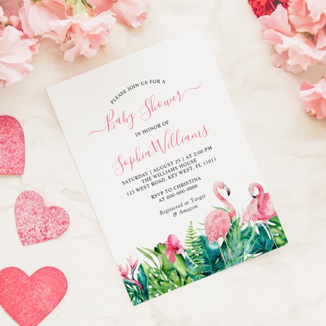 Invitación Flamingos Flores rosadas tropicales Baby Shower (Subido por el creador)