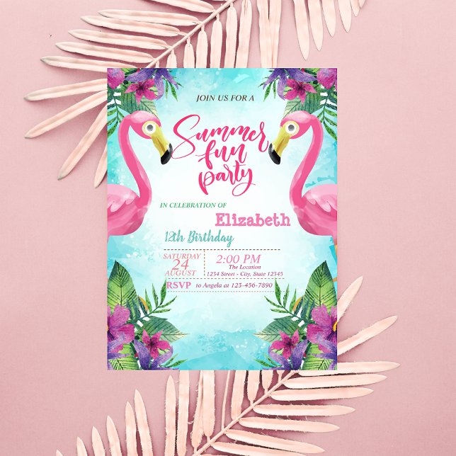 Invitación Flamingos Rosados Flores Cumpleaños de Verano Fies (Subido por el creador)