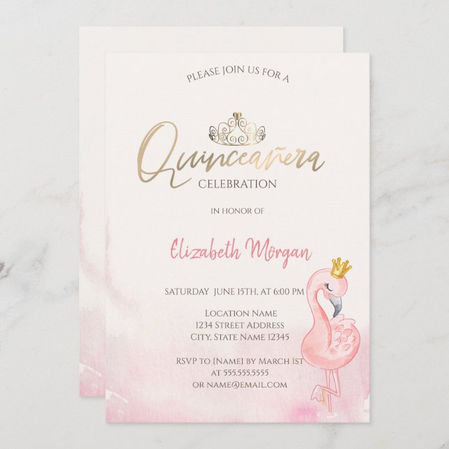 Invitación Flamingos rosados Oro Tiara Quinceañera (Anverso / Reverso)