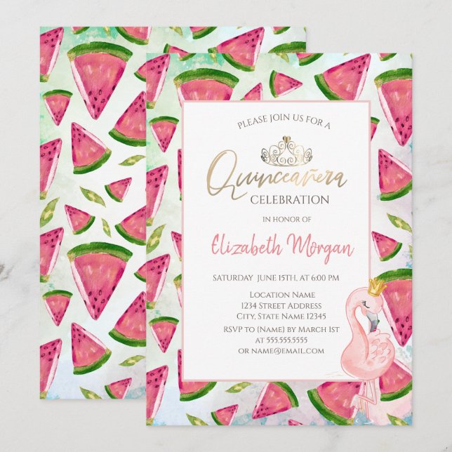 Invitación Flamingos rosas de la sandía Quinceañera (Anverso / Reverso)