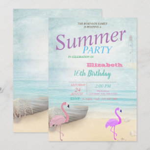 Invitación Flamingos Summer Boat Lighthouse Fiesta de Cumplea