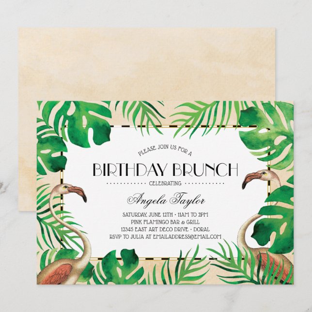 Invitación Flamingos tropicales cumpleaños de Rubor (Anverso / Reverso)