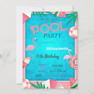 Invitación Flamingos Watermelon helate Pool Fiesta de Cumplea