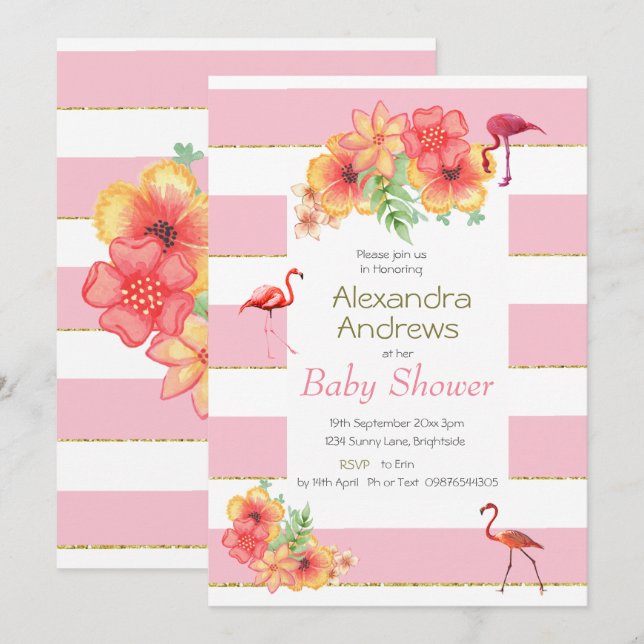 Invitación Flamingos y Baby Shower de banda rosa (Anverso / Reverso)