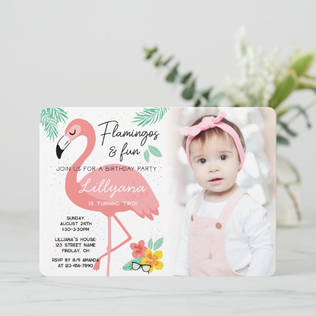Invitación Flamingos y divertida foto tropical del cumpleaños (Anverso de pie)