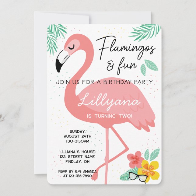 Invitación Flamingos y fiesta de cumpleaños tropical divertid (Anverso)