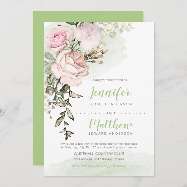 Invitación Flamorosa caída de Rubor en un Boda verde (Anverso / Reverso)
