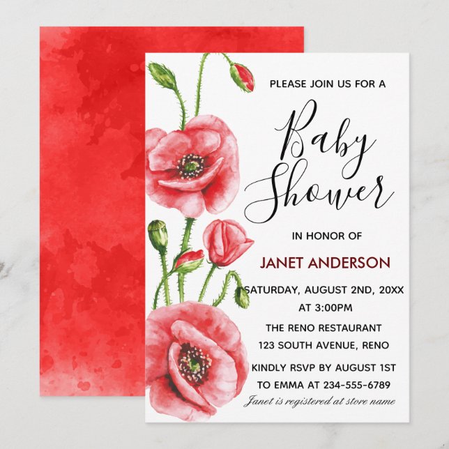 Invitación Flandes Poppy Watercolor Baby Shower (Anverso / Reverso)