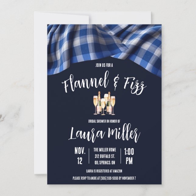 Invitación Flannel & Fizz, Plaid, Champán Bridal Shower (Anverso)