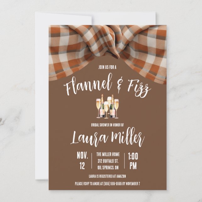 Invitación Flannel & Fizz, Plaid, Champán Bridal Shower (Anverso)