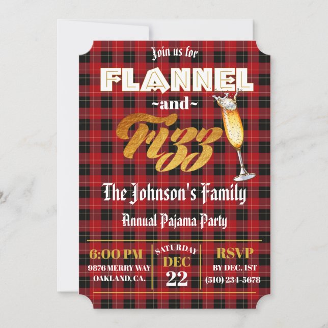 Invitación Flannel & Fizz rojo|PLANO negro|Vacaciones en Reli (Anverso)