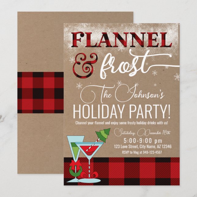 Invitación Flannel & Frost Cocktail Holiday Party Navidades (Anverso / Reverso)