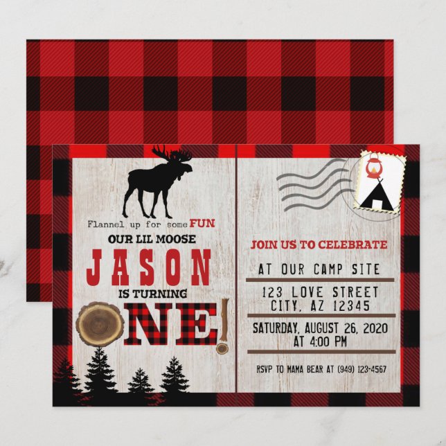 Invitación Flannel hacia arriba para divertirse el primer cum (Anverso / Reverso)