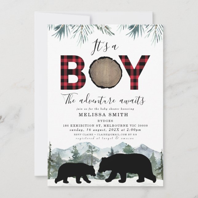 Invitación Flannel Lumberjack Bear es un chico Baby Shower (Anverso)