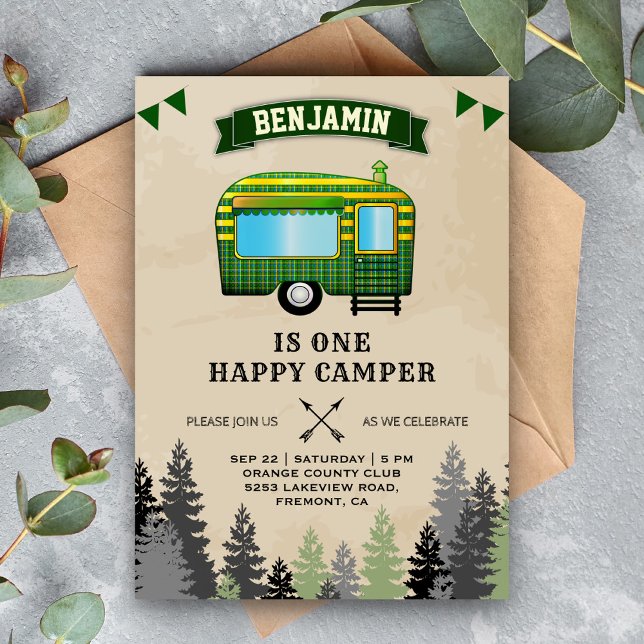 Invitación Flannel Rústico Un Camper Feliz Primer Fiesta de C (Subido por el creador)