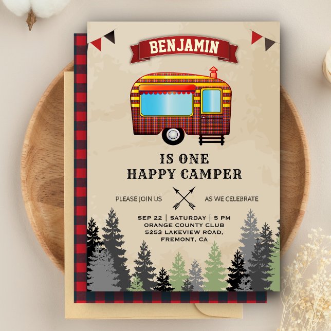 Invitación Flannel Rústico Un Camper Feliz Primer Fiesta de C (Subido por el creador)