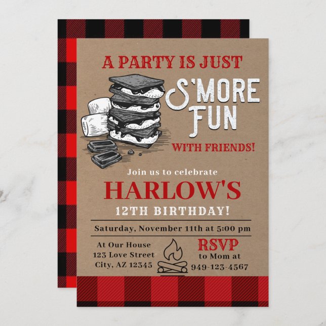 Invitación Flannel S'mores Fiesta Buffalo Plaid Birthday Invi (Anverso / Reverso)