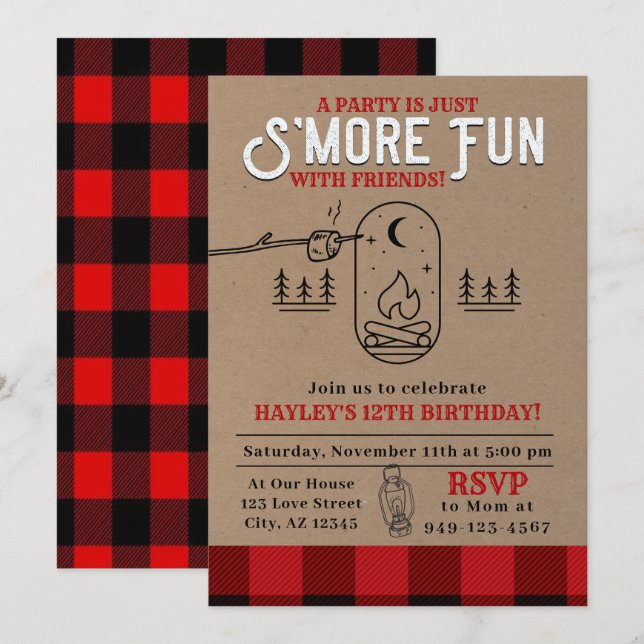 Invitación Flannel S'mores Fiesta Buffalo Plaid Cumpleaños (Anverso / Reverso)