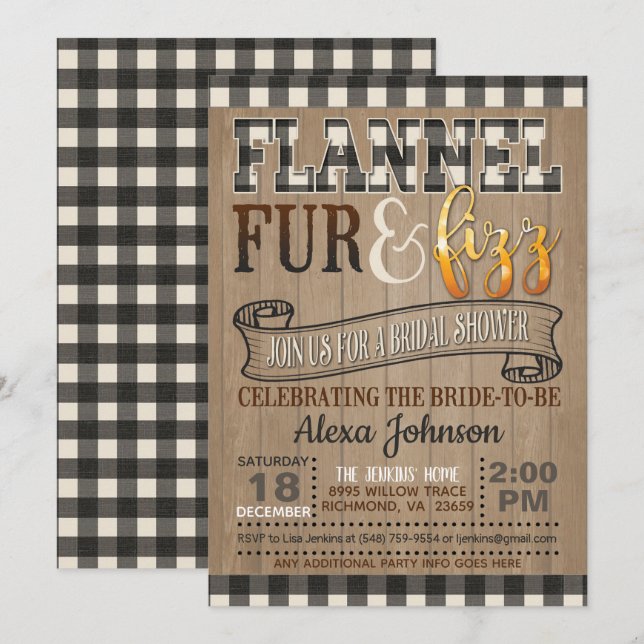 Invitación Flannel y Fizz Bridal Shower - Blanco (Anverso / Reverso)