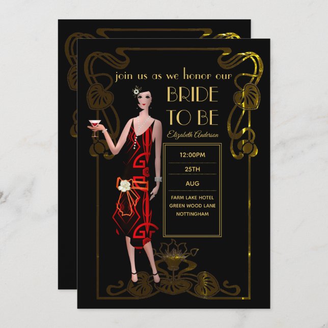 Invitación Flapper Art Deco Gatsby Bridal Shower (Anverso / Reverso)