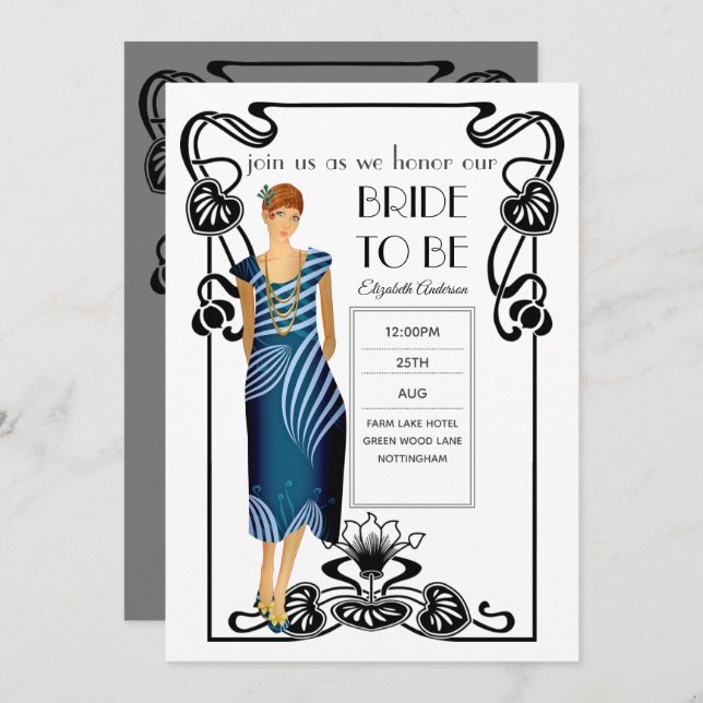 Invitación Flapper Art Deco Gatsby Bridal Shower (Anverso / Reverso)