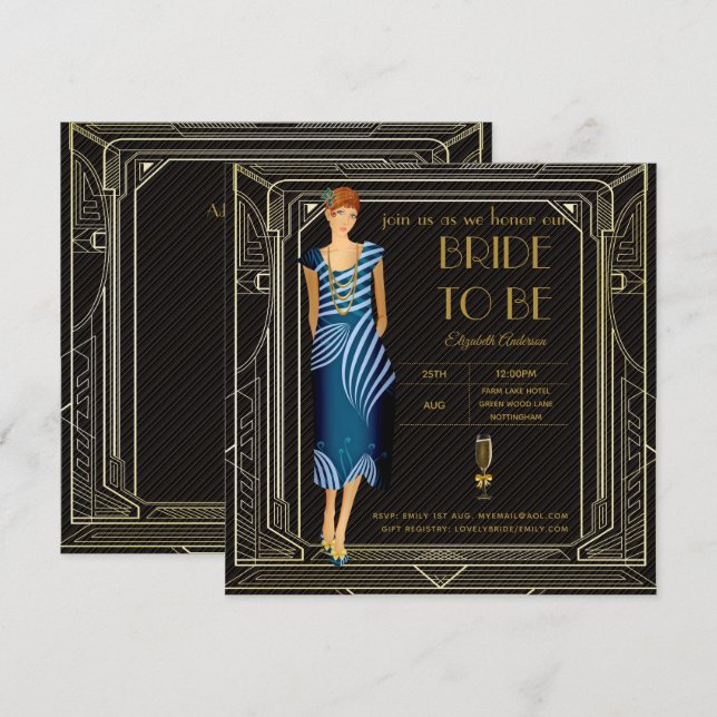 Invitación Flapper Art Decó Roaring Bridal Shower de los años (Anverso / Reverso)