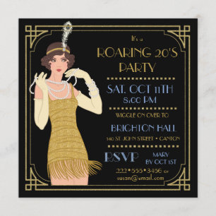 Invitación Flapper de los Años 20 Dorado Brillo Negro Retro