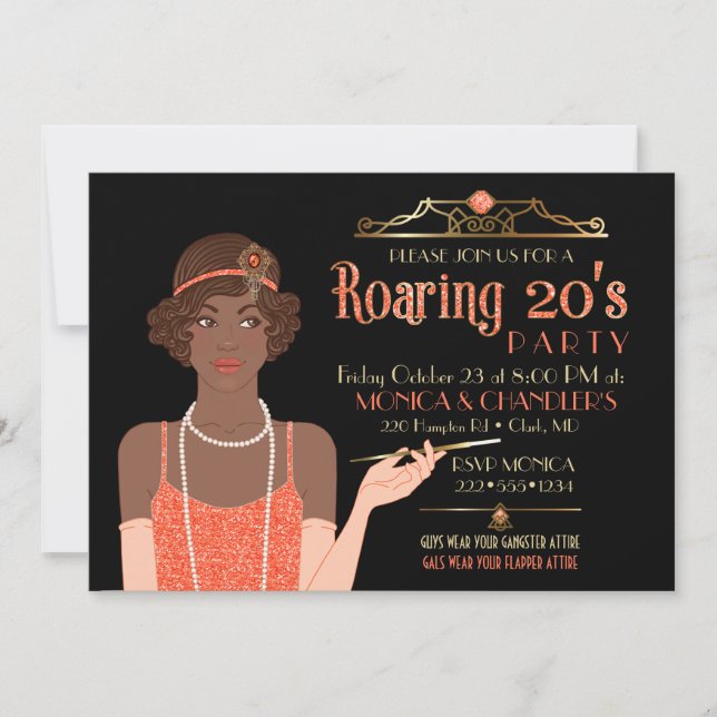 Invitación Flapper de los felices años 20 brillo retro naranj (Anverso)